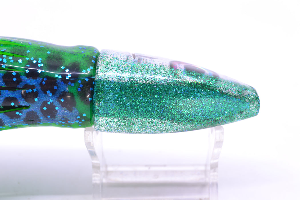 Aloha Lures Silver Rainbow Green Back Super Ninja 9" 6oz Skirted Black Dots-Blue Dots GZE