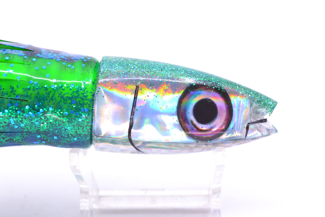 Aloha Lures Silver Rainbow Green Back Super Ninja 9" 6oz Skirted Black Dots-Blue Dots GZE