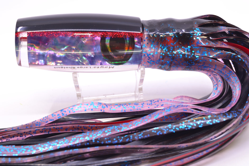 Moyes Lures Rainbow MOP Black-Red Back Large Shotgun 12" 7.8oz Skirted Black Stripes-Pink