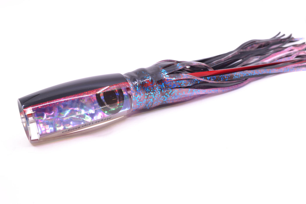 Moyes Lures Rainbow MOP Black-Red Back Large Shotgun 12" 7.8oz Skirted Black Stripes-Pink