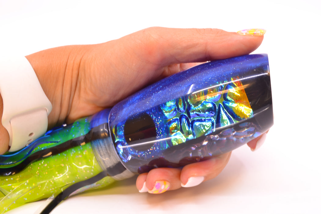Coggin Lures Blue Dichro Blue Back 4-Hole Maui Plunger 14" 13oz Skirted Skipjack/Rainbow