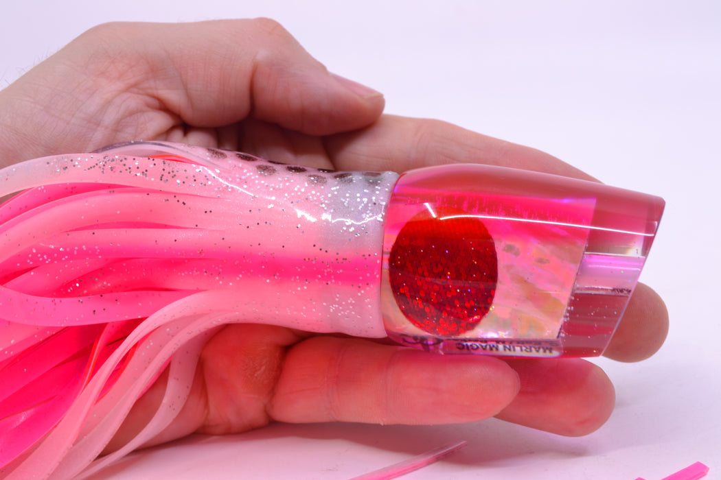Marlin Magic Lures White Awabi Pink Back Red Eyes Lil Hibby 10" 7.2oz Skirted White/Pink