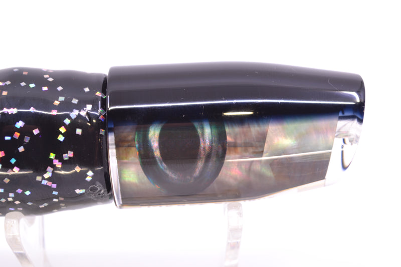 Moyes Lures Tahitian MOP Black Back Taxi Eyes Small Plunger 9" 5oz Skirted Black Aurora