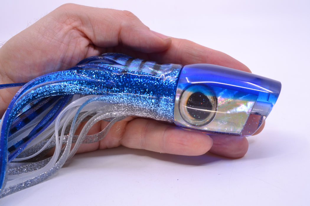Marlin Magic Lures White Awabi Blue Back Taxi Eyes Lil Hibby 10" 7.2oz Skirted Blue Aurora