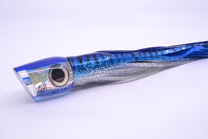 Marlin Magic Lures White Awabi Blue Back Taxi Eyes Lil Hibby 10" 7.2oz Skirted Blue Aurora
