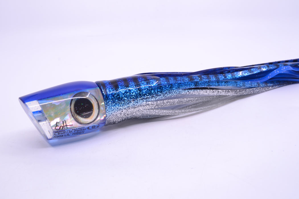 Marlin Magic Lures White Awabi Blue Back Taxi Eyes Lil Hibby 10" 7.2oz Skirted Blue Aurora