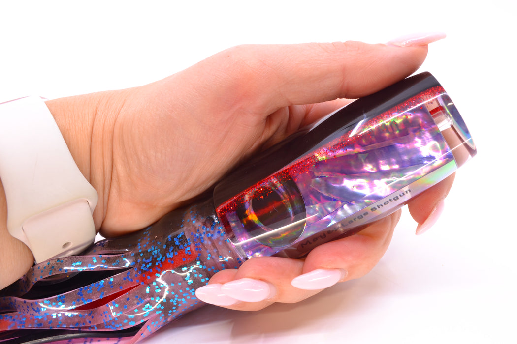 Moyes Lures Rainbow MOP Black-Red Back Large Shotgun 12" 7.8oz Skirted Black Stripes-Pink