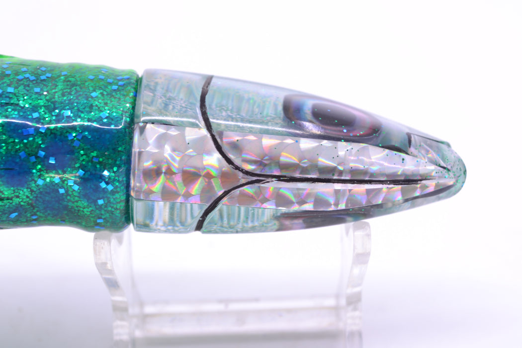 Aloha Lures Silver Rainbow Green Back Super Ninja 9" 6oz Skirted Black Dots-Blue Dots GZE