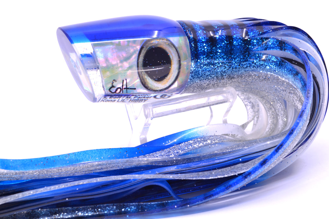 Marlin Magic Lures White Awabi Blue Back Taxi Eyes Lil Hibby 10" 7.2oz Skirted Blue Aurora