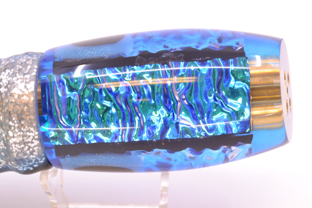 Coggin Lures Blue Dichro Blue Back 4-Hole Maui Plunger 14" 13oz Skirted Black-Blue Bars
