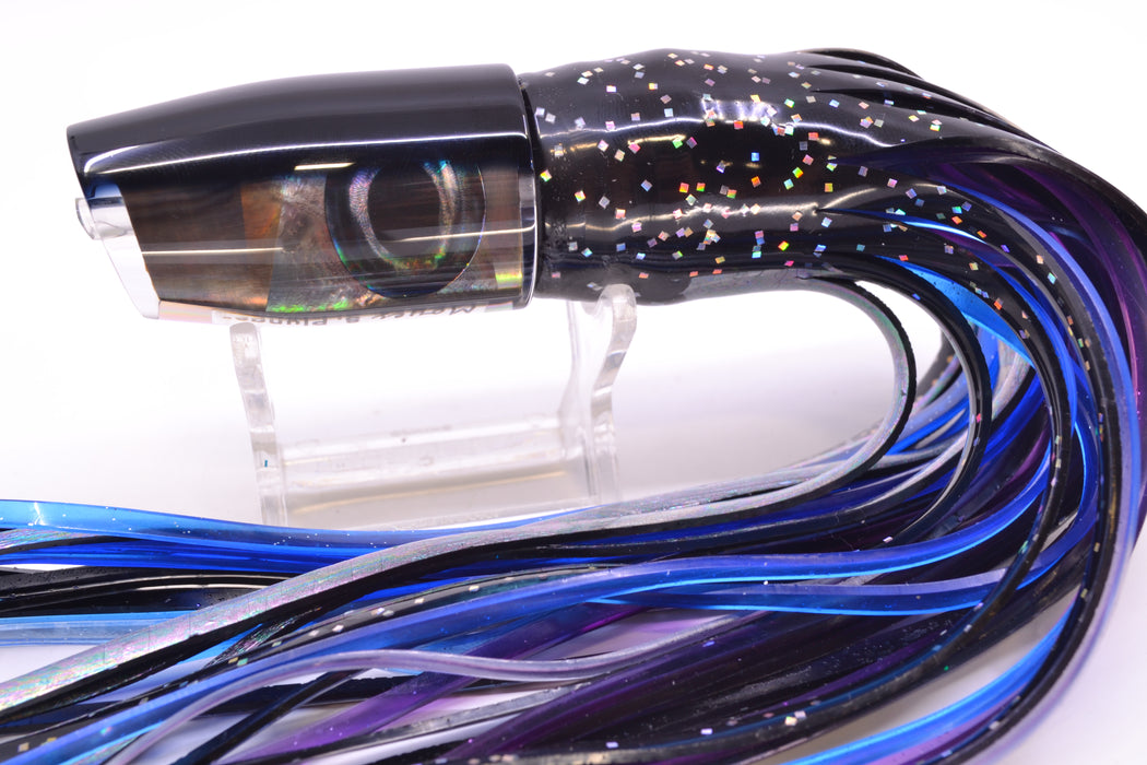 Moyes Lures Tahitian MOP Black Back Taxi Eyes Small Plunger 9" 5oz Skirted Black Aurora