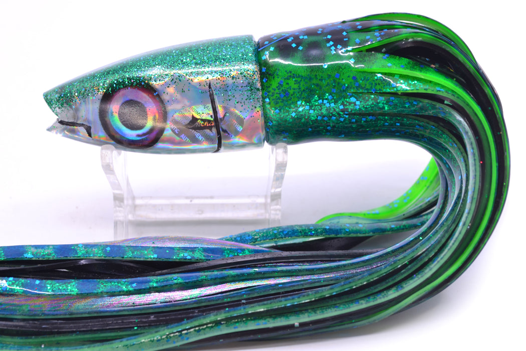 Aloha Lures Silver Rainbow Green Back Super Ninja 9" 6oz Skirted Black Dots-Blue Dots GZE