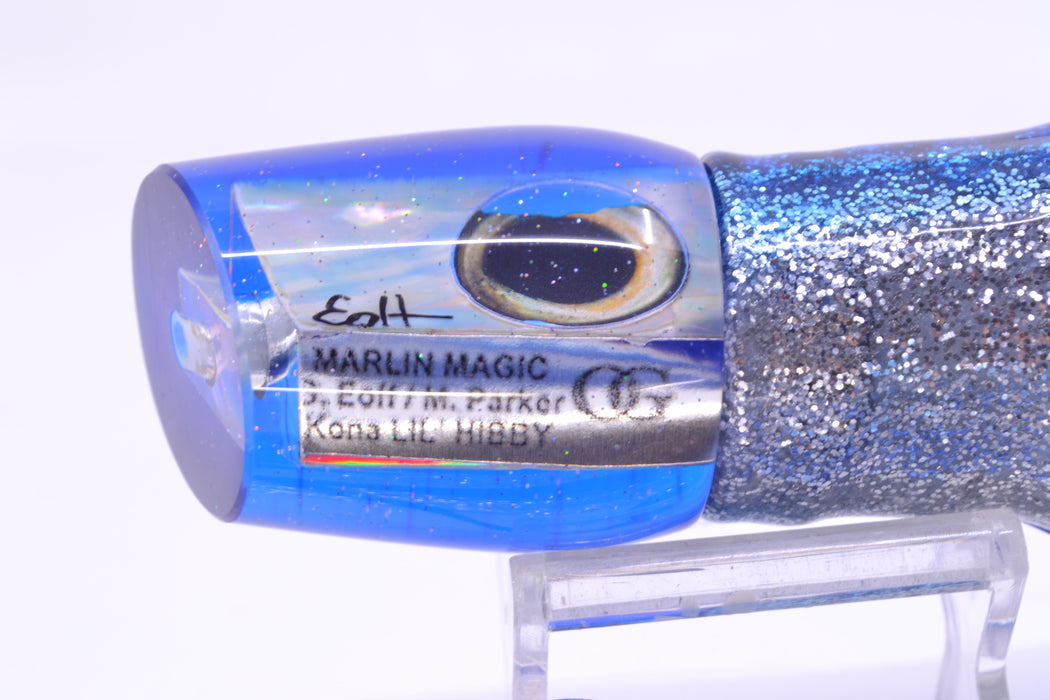 Marlin Magic Lures White Awabi Blue Back Taxi Eyes Lil Hibby 10" 7.2oz Skirted Blue Aurora