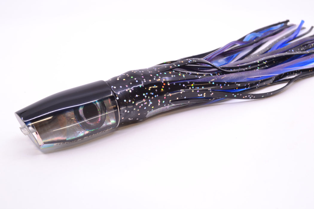 Moyes Lures Tahitian MOP Black Back Taxi Eyes Small Plunger 9" 5oz Skirted Black Aurora