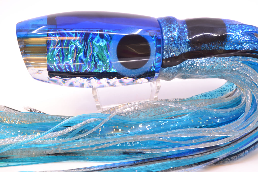 Coggin Lures Blue Dichro Blue Back 4-Hole Maui Plunger 14" 13oz Skirted Black-Blue Bars