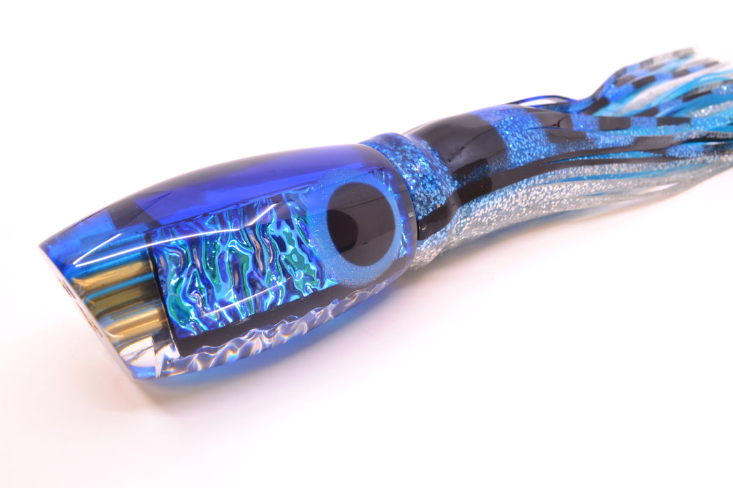 Coggin Lures Blue Dichro Blue Back 4-Hole Maui Plunger 14" 13oz Skirted Black-Blue Bars
