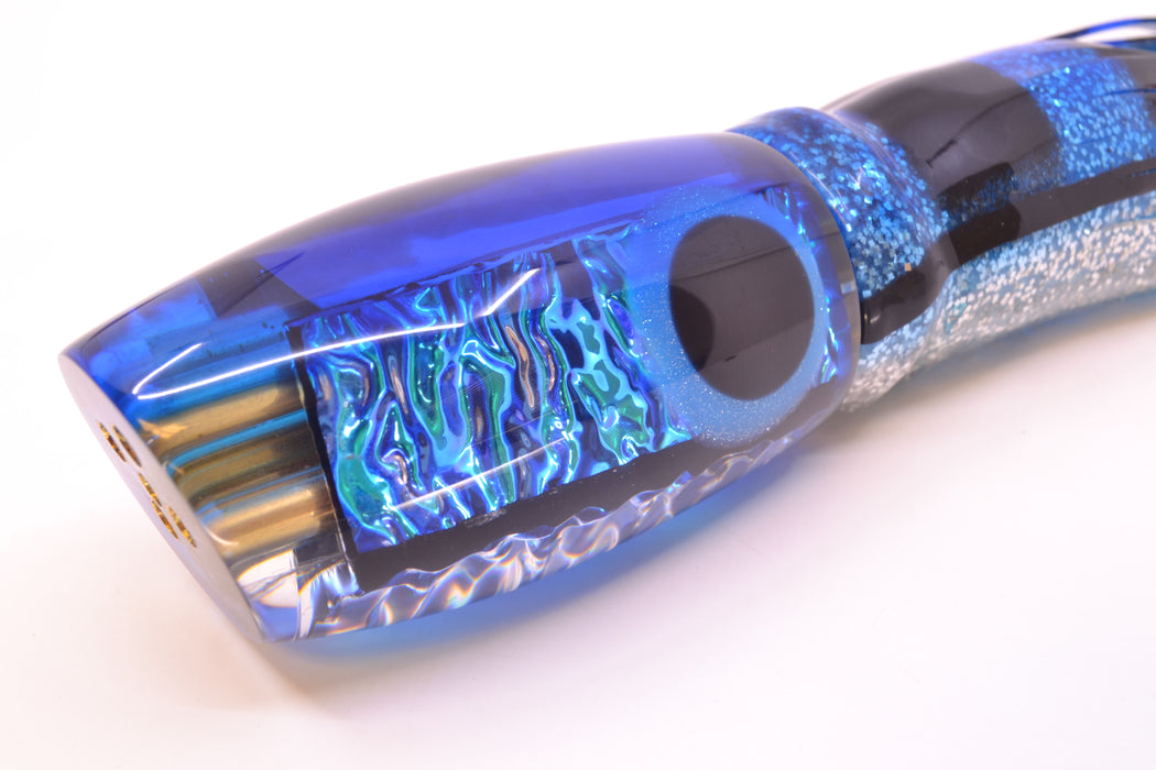 Coggin Lures Blue Dichro Blue Back 4-Hole Maui Plunger 14" 13oz Skirted Black-Blue Bars
