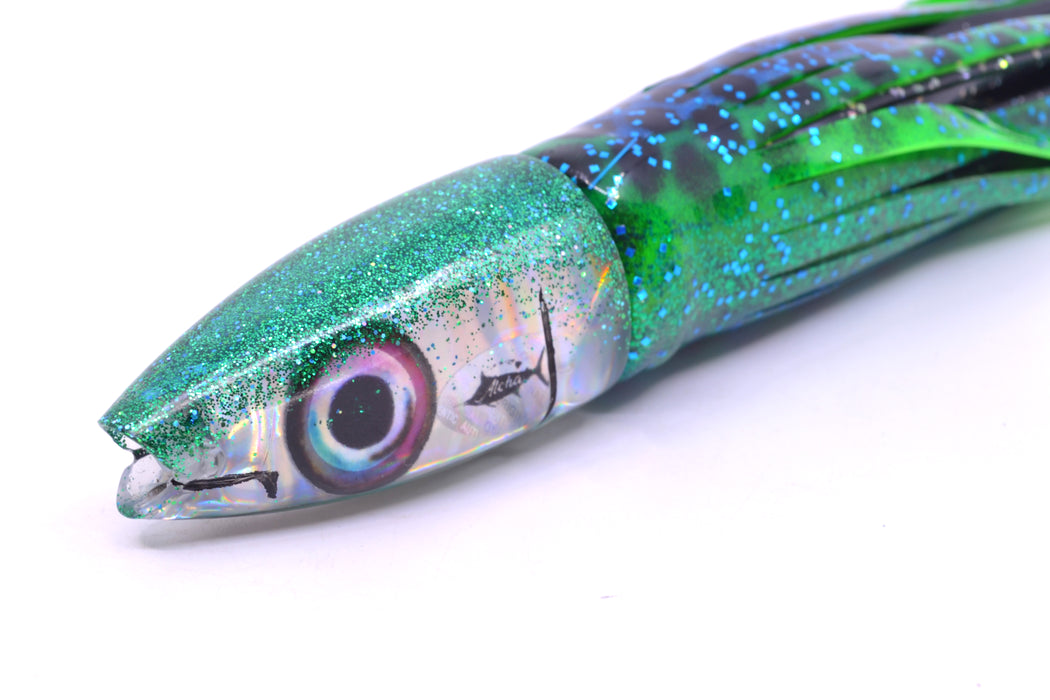 Aloha Lures Silver Rainbow Green Back Super Ninja 9" 6oz Skirted Black Dots-Blue Dots GZE