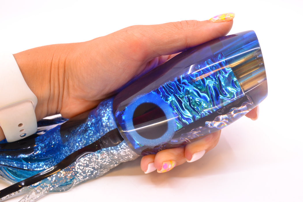Coggin Lures Blue Dichro Blue Back 4-Hole Maui Plunger 14" 13oz Skirted Black-Blue Bars