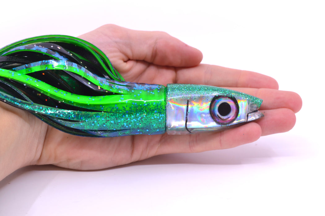 Aloha Lures Silver Rainbow Green Back Super Ninja 9" 6oz Skirted Black Dots-Blue Dots GZE