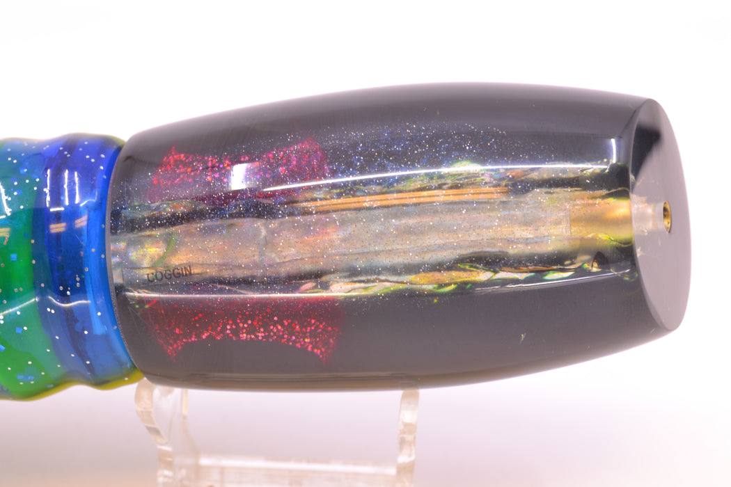 Coggin Lures Ice Rainbow Dichro Black-Yellow Back Maui Plunger 14" 13oz Skirted Black-Blue