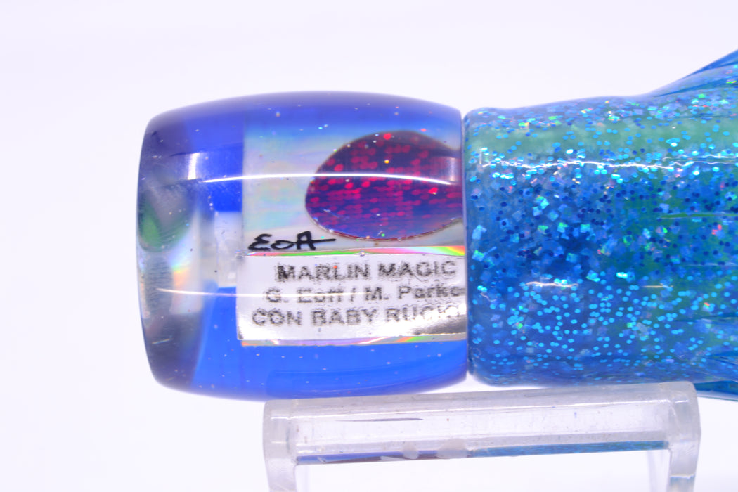 Marlin Magic White Awabi Blue Back Red Eyes Concave Baby Ruckus 9" 5oz Skirted Blue Dots