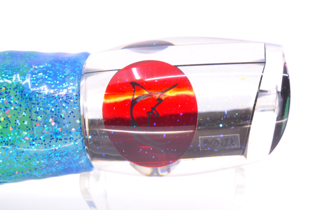 Bonze Lures Clear Mirrored Red Eyes ATM 10" 6oz Skirted Blue Dots/Green
