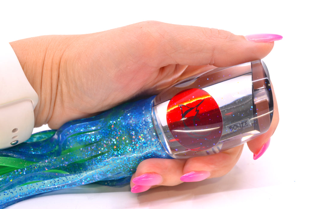 Bonze Lures Clear Mirrored Red Eyes ATM 10" 6oz Skirted Blue Dots/Green