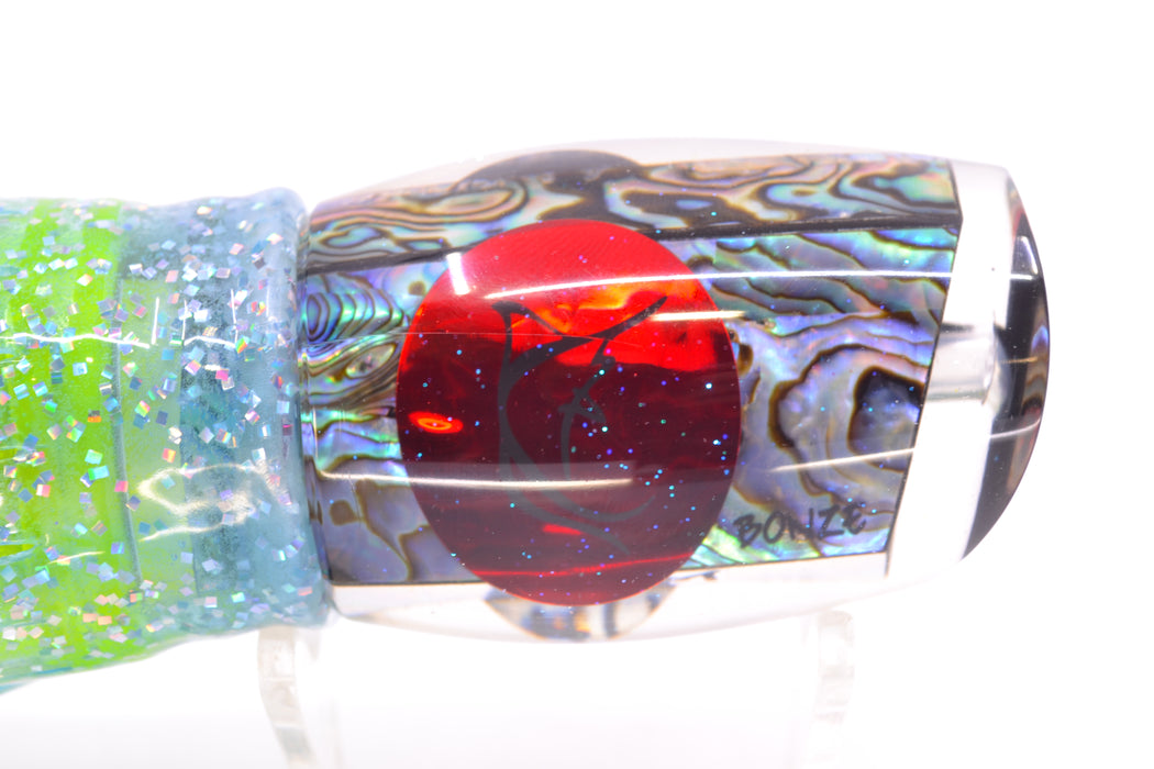 Bonze Lures Paua Shell Red Eyes ATM 10" 6oz Skirted Ice Blue/Rainbow