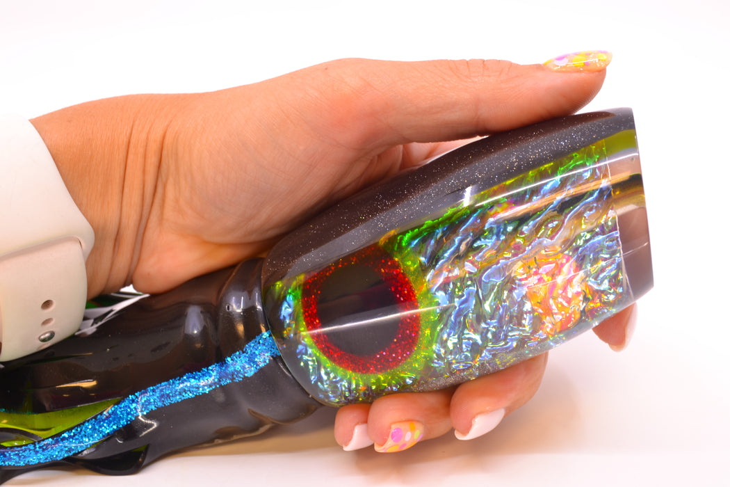 Coggin Lures Ice Rainbow Dichro Black-Yellow Back Maui Plunger 14" 13oz Skirted Yellowfin