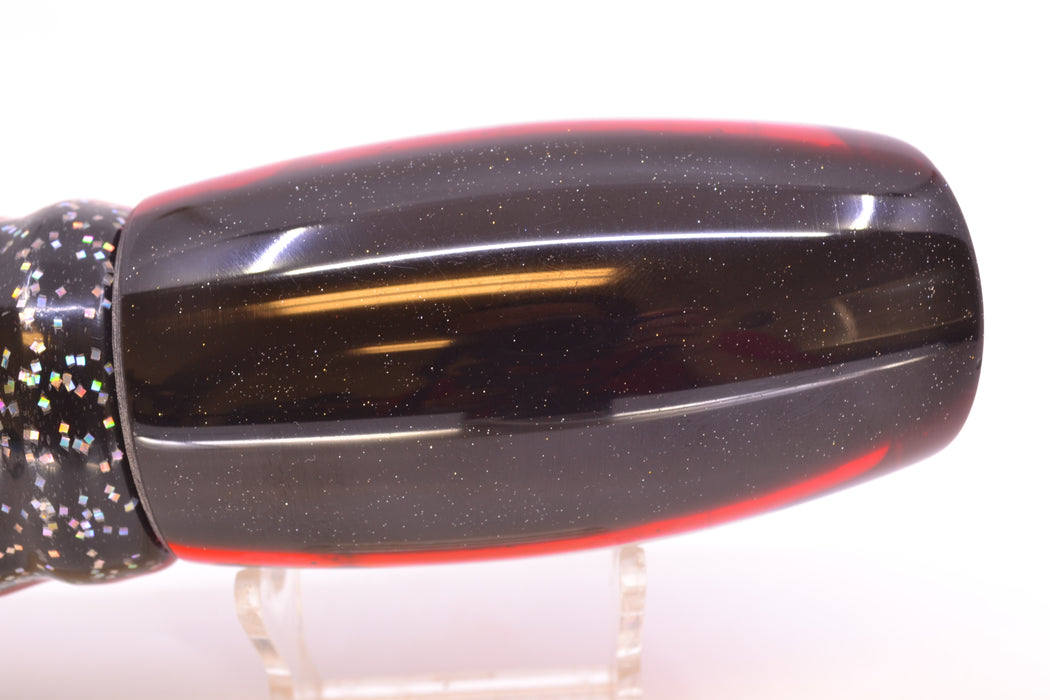 Coggin Lures Splattered Dichro Black-Red Back Maui Plunger 14" 13oz Skirted Black/Rainbow