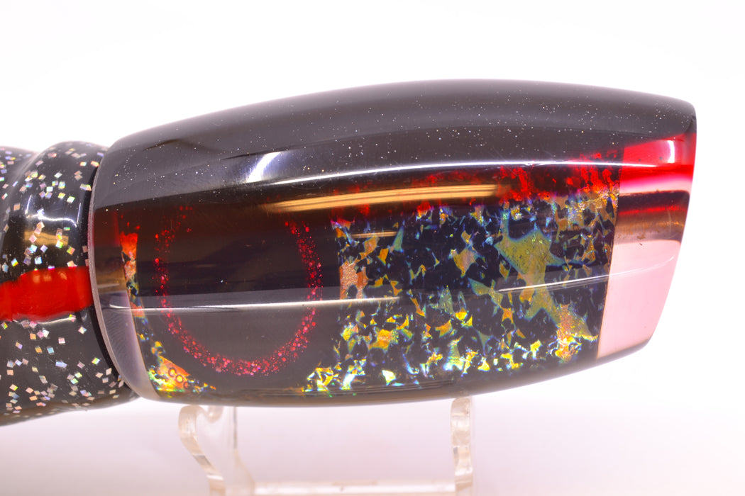 Coggin Lures Splattered Dichro Black-Red Back Maui Plunger 14" 13oz Skirted Black/Rainbow