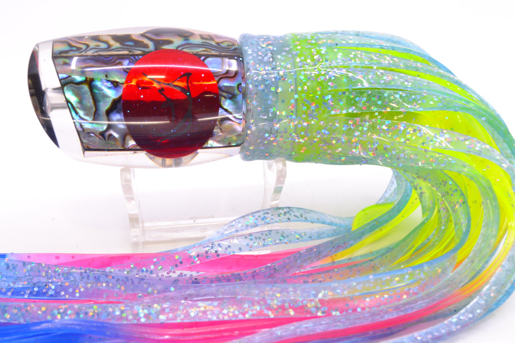 Bonze Lures Paua Shell Red Eyes ATM 10" 6oz Skirted Ice Blue/Rainbow