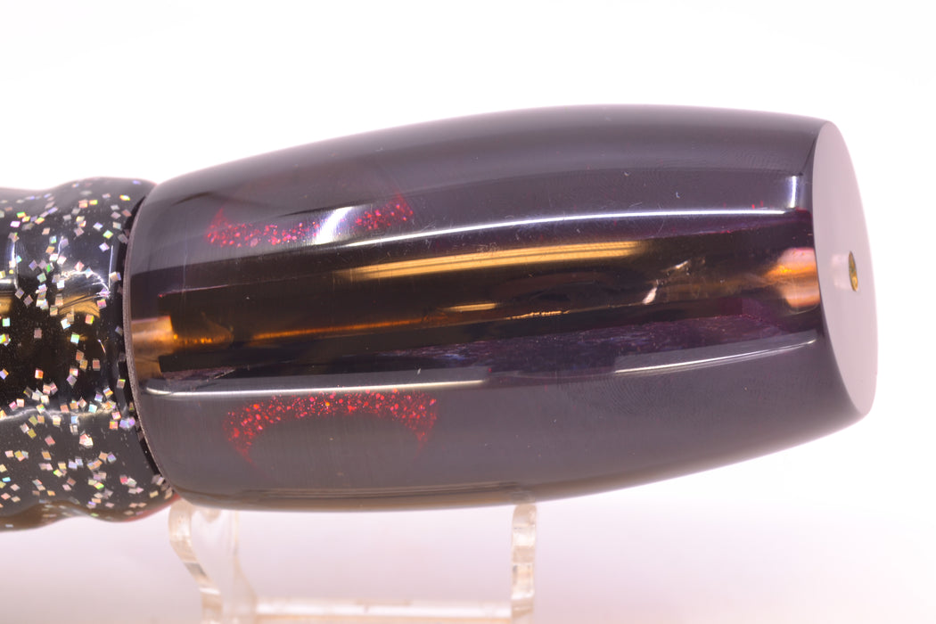 Coggin Lures Splattered Dichro Black-Red Back Maui Plunger 14" 13oz Skirted Black/Rainbow