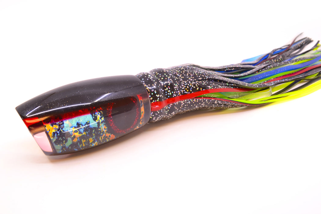 Coggin Lures Splattered Dichro Black-Red Back Maui Plunger 14" 13oz Skirted Black/Rainbow