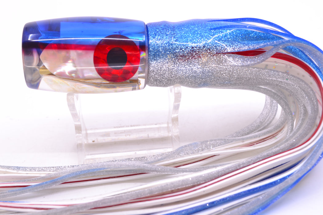 Coggin Lures Real White MOP Blue-Red Back 4-Hole Kilauea Tado Invert 9" 5.5oz Skirted