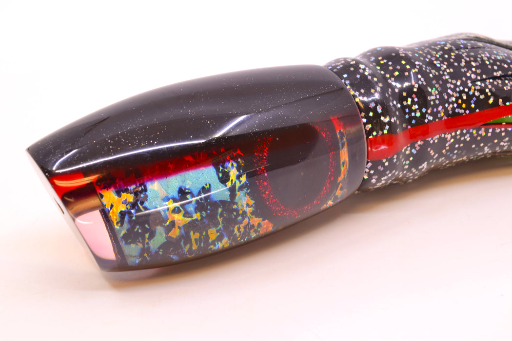 Coggin Lures Splattered Dichro Black-Red Back Maui Plunger 14" 13oz Skirted Black/Rainbow