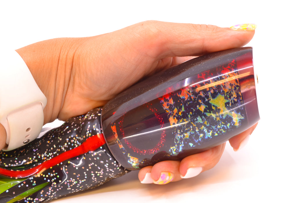 Coggin Lures Splattered Dichro Black-Red Back Maui Plunger 14" 13oz Skirted Black/Rainbow