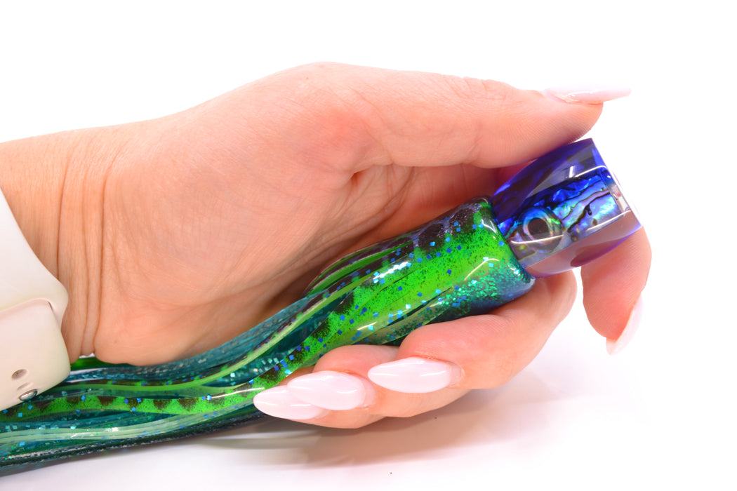 Moyes Lures Paua Shell Blue Back Tang 5" 3oz Skirted Black Dots-Blue Dots