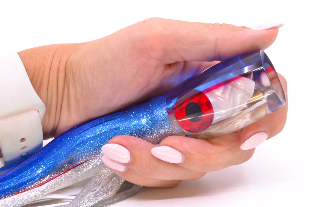 Coggin Lures Real White MOP Blue-Red Back 4-Hole Kilauea Tado Invert 9" 5.5oz Skirted