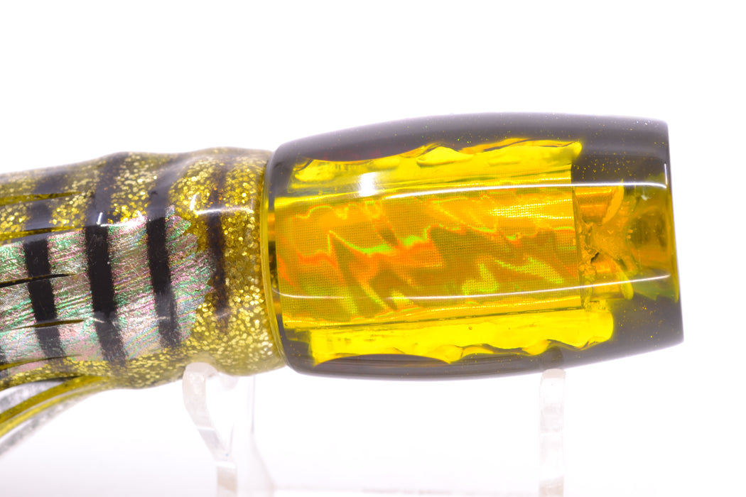 Coggin Lures Rainbow Dichro Yellow-Black Back 4-Hole Kilauea Tado Invert 9" 5.5oz Skirted