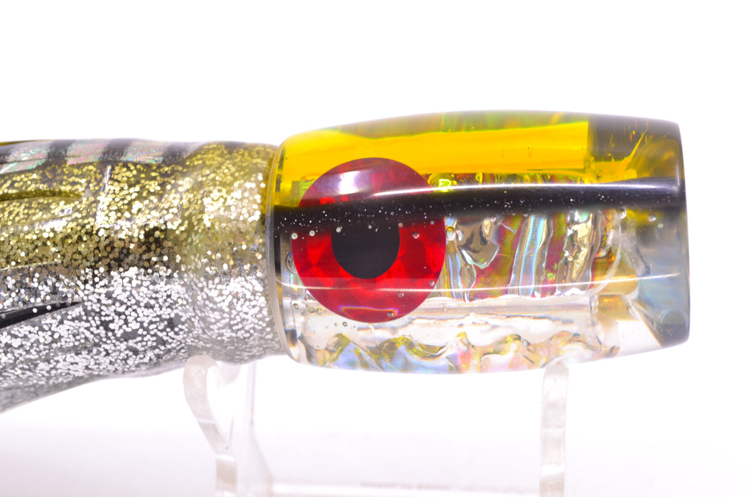Coggin Lures Rainbow Dichro Yellow-Black Back 4-Hole Kilauea Tado Invert 9" 5.5oz Skirted