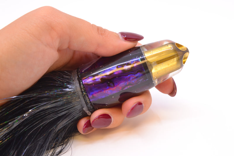 Tanigawa Lures Purple Paua Shell 2-Hole Bullet 9"+ 8.5oz Strobez Black/Purple