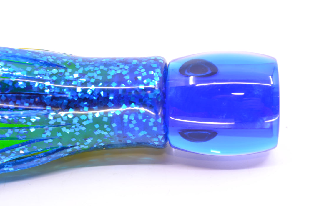 Moyes Lures White MOP Blue Back Tang 5" 3oz Skirted Blue-Yellow Stripe-Silver