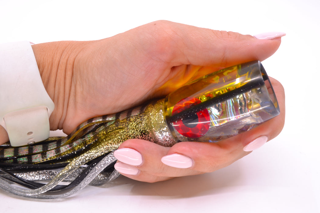 Coggin Lures Rainbow Dichro Yellow-Black Back 4-Hole Kilauea Tado Invert 9" 5.5oz Skirted