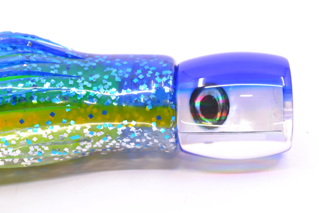 Moyes Lures White MOP Blue Back Tang 5" 3oz Skirted Blue-Yellow Stripe-Silver