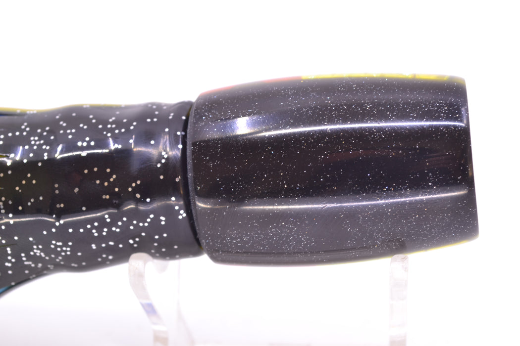 Coggin Lures Rainbow Dichro Black-Yellow Back 4-Hole Kilauea Tado Invert 9" 5.5oz Skirted