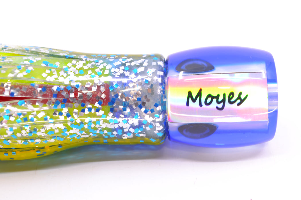 Moyes Lures White MOP Blue Back Tang 5" 3oz Skirted Blue-Yellow Stripe-Silver