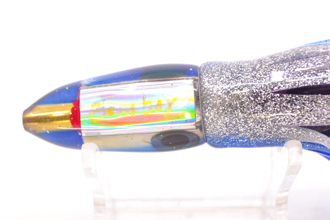 Bomboy Lures White Abalone Blue Back Rainbow Eyes Mini Bomb 5" 2oz Skirted Blue-Silver