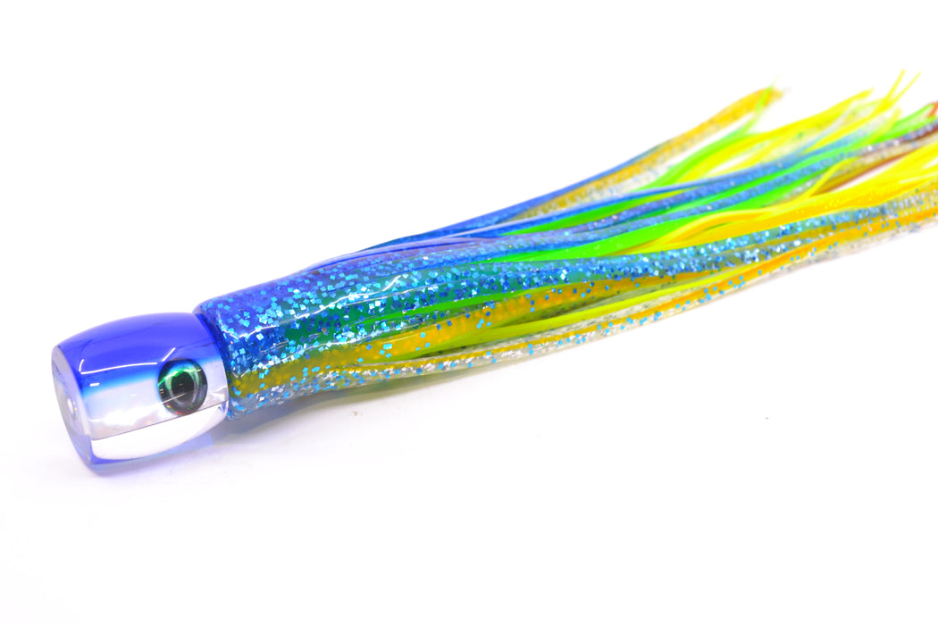 Moyes Lures White MOP Blue Back Tang 5" 3oz Skirted Blue-Yellow Stripe-Silver